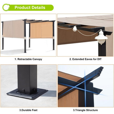 10' x 10' Flat Top Outdoor Pergolawith Adjustable  Canopy for Patio Use-Beige - 4