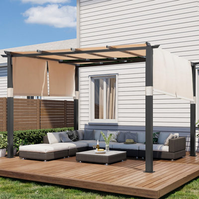 10' x 10' Flat Top Outdoor Pergolawith Adjustable  Canopy for Patio Use-Beige - 7