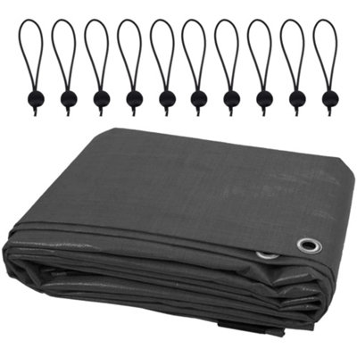 10 x 10 m Tarpaulin Waterproof Heavy Duty Cover Camping Ground Sheet Caravan Furniture Multipurpose 10 Bungee Balls Grey 200 GSM