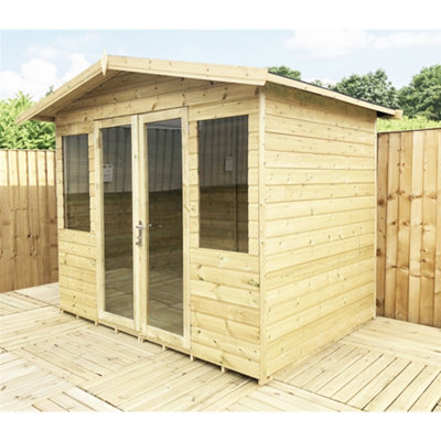10 x 10 Pressure Treated T&G Apex Wooden Summerhouse + Overhang + Lock & Key (10ft x 10ft) / (10' x 10') (10x10)