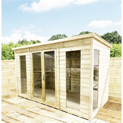 10 x 10 Pressure Treated T&G Pent Wooden Summerhouse + Double Doors & Lock + Windows (10' x 10' / 10ft x 10ft) (10x10)
