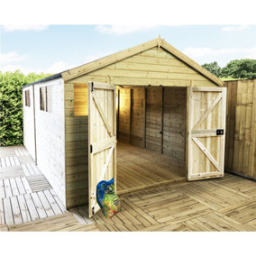 10 x 10 Pressure Treated T&G Wooden Apex Shed / Workshop + 6 Windows + Double Doors (10' x 10' / 10ft x 10ft) (10x10)