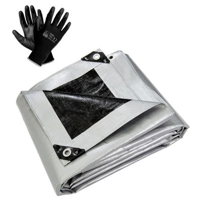 10 x 10m Heavy-Duty Tarpaulin Cover - Silver/Black 260GSM - Waterproof, Weatherproof, Frost-Resistant, UV Protection + Work Gloves