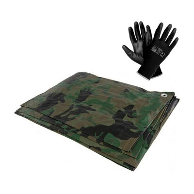 10 x 12 m Tarpaulin Cover - Camo 85GSM - Waterproof, Weatherproof, Frost-Resistant, UV Protection + Work Gloves