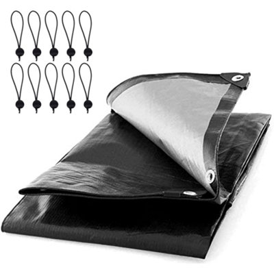 10 x 12 m Tarpaulin Waterproof Heavy Duty Cover Camping Ground Sheet Caravan Furniture Multipurpose 10 Bungee Balls Black 235GSM