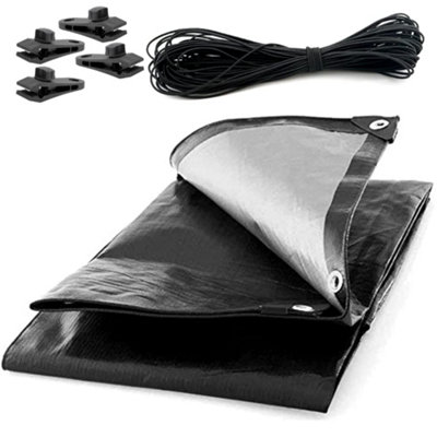 10 x 12 m Tarpaulin Waterproof Heavy Duty Cover Ground Sheet Camping with 4 Tarp Clips + 10m / 30ft Bungee Cord (Black - 235GSM)