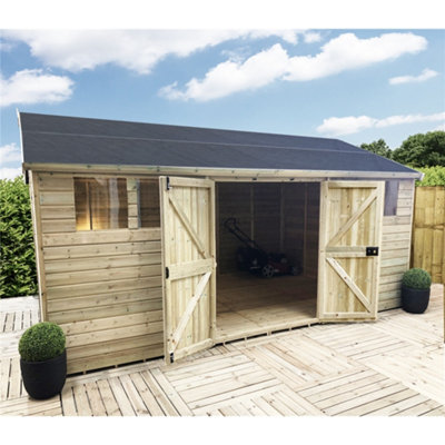 10 x 12 REVERSE Pressure Treated T&G Apex Wooden Workshop / Garden Shed - Double Doors (10' x 12' / 10ft x 12ft) (10x12)