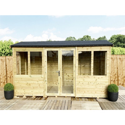 10 x 13 REVERSE Pressure Treated T&G Apex Wooden Summerhouse + Long Windows + Double Doors (10' x 13' /  (10ft x 13ft) (10x13)