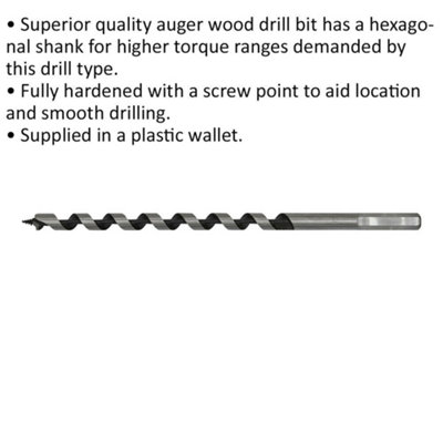 10 x 235mm Hardened Auger Wood Drill Bit - Hexagonal Shank - Woodwork Timber