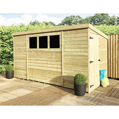 10 x 4 Garden Shed Pressure Treated T&G PENT Wooden Garden Shed - 3 Windows + Side Door (10' x 4' / 10ft x 4ft) (10x4)