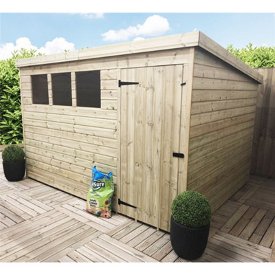 10 x 4 Garden Shed Pressure Treated T&G PENT Wooden Garden Shed - 3 Windows + Single Door (10' x 4' / 10ft x 4ft) (10x4)