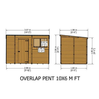 10 x 6 (3.04m x 1.82m) - Overlap Pent Wooden Garden Shed - Single Door - 2 Windows