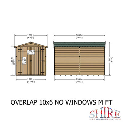 10 x 6 Feet Overlap Dip Treated Apex Shed Double Door No windows - 7