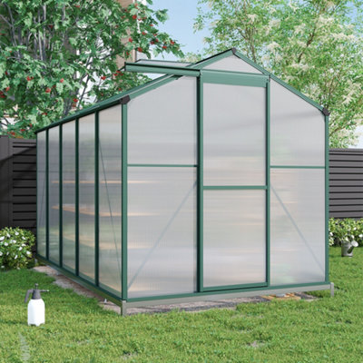 10 x 6 ft Aluminium Frame Walk In Outdoor Garden Polycarbonate Greenhouse with 2 Window Openings and Base, Green