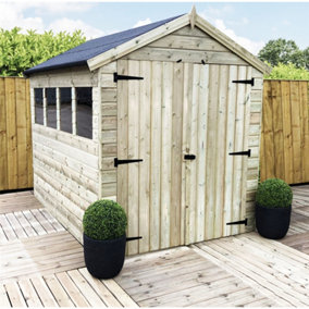 10 x 6 Premier Pressure Treated Tongue & Groove Apex Wooden Garden Shed + 4 Windows + Double Doors (10' x 6' / 10ft x 6ft) (10x6)