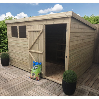 10 x 6 Pressure Treated T&G Pent Wooden Bike Store / Wooden Garden Shed + 3 Windows (10' x 6' / 10ft x 6ft) (10x6)