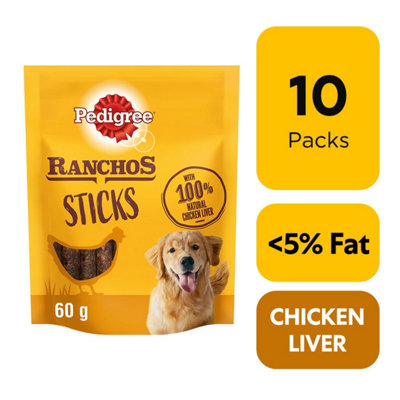 10 x 60g Pedigree Ranchos Sticks Adult Dog Treats Chicken Liver Dog Chews