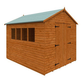 10 x 8 (3.05m x 2.44m) Wooden Log Lap APEX Workshop With 12mm T&G Floor & Roof with 4 Windows - Double Doors (10ft x 8ft) (10x8)