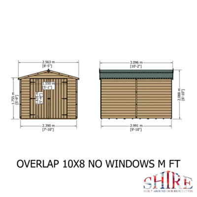 10 x 8 Feet Overlap Dip Treated Apex Shed Double Door No windows - 9
