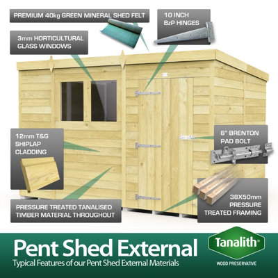 10 x 8 Feet Pent Shed - Single Door With Windows - Wood - L231 x W302 x H201 cm - 4