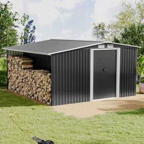 10 x 8 ft Metal Shed,Garden Storage Shed Apex Roof Double Door with 9.8 x 2.1 ft Outdoor Log Storage Store,Black
