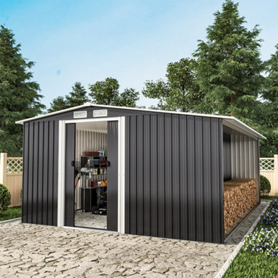 10 x 8 ft Metal Shed Garden Storage Shed Apex Roof Double Door with 9.8 x 2.1 ft Outdoor Log Storage Store
