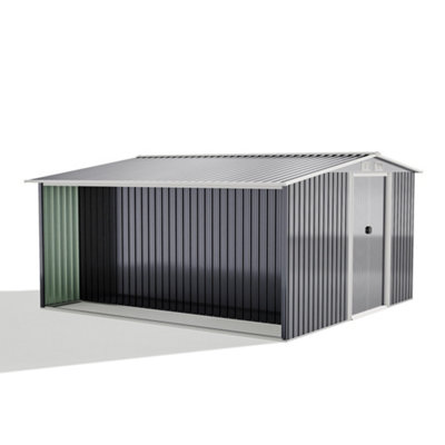 10 x 8 ft Metal Shed Garden Storage Shed Apex Roof Double Door with 9.8 x 2.1 ft Outdoor Log Storage Store,Black