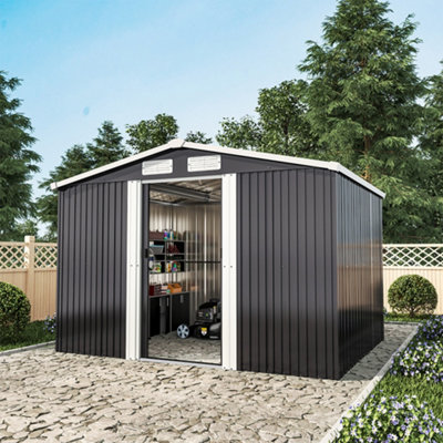 10 x 8 ft Metal Shed Garden Storage Shed Apex Roof Double Door with Base Foundation, Charcoal Black