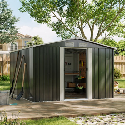 10 x 8 ft Metal Shed Garden Storage Shed Apex Roof Double Door with Base Foundation - 3