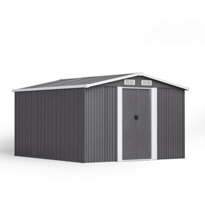 10 x 8 ft Metal Shed Garden Storage Shed Apex Roof Double Door with Base Foundation, Charcoal Black