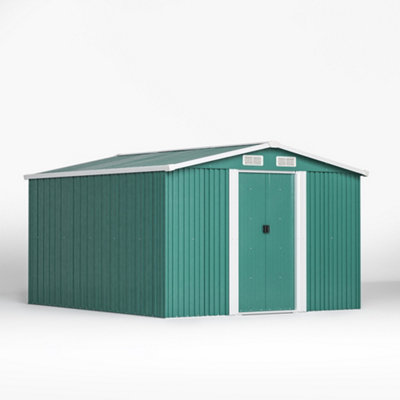 10 x 8 ft Metal Shed Garden Storage Shed Apex Roof Double Door with Base Foundation,Dark Green