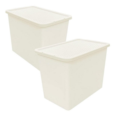 10 x 80L Large Cream Rattan Effect Stackable Plastic Storage Containers ...