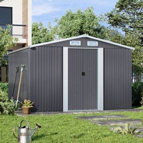 10 x 8ft Charcoal Black Garden Metal Storage Tool Shed Hot-Dipped Galvanized Metal Garden Shed with Base Foundation