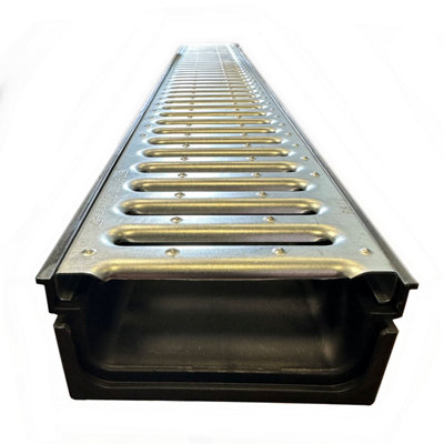 10 x Black channel with galvanised Steel Grate Ultra Low Profile Shallow Flow Drain Plastic Grating 50mm Deep x 1m Length x 125mm