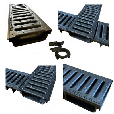 10 x Black Ultra Low Profile Shallow Flow Drain Plastic Grating 50mm Deep x 1m Length x 125mm Width Drainage Channel