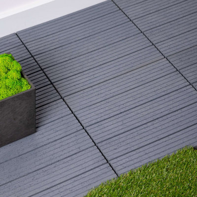 10 x Composite Interlocking Patio & Deck Tiles - All Weather Wood-Effect Garden Paving - Each Measure 30 x 30 x 1.5cm, Cool Grey