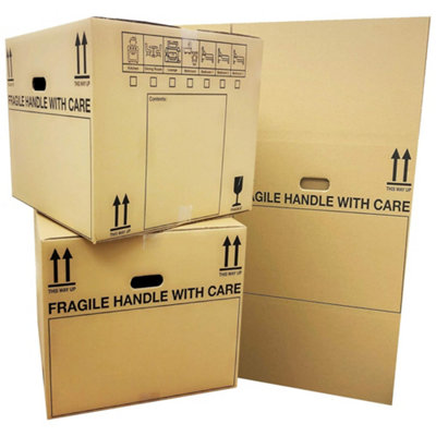 10 x Extra Large Strong Cardboard Storage Moving Boxes 53cm x 53cm x 41cm 115 Litres with Carry Handles and Room List