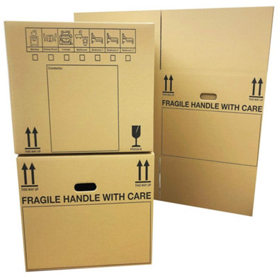 10 x Extra Large Strong Cardboard Storage Moving Boxes 53cm x 53cm x 41cm 115 Litres with Carry Handles and Room List