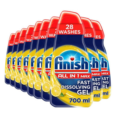 10 x Finish All In One Max Dishwasher Degreaser Fast Dissolving Gel Lemon 700 ml DIY at B&Q