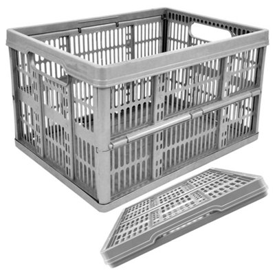 10 x Grey 32L Plastic Folding Crate Boxes With Handles Collapsible