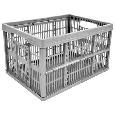 10 x Grey 32L Plastic Folding Crate Boxes With Handles Collapsible