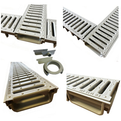 10 x Grey Ultra Low Profile Shallow Flow Drain Plastic Grating 50mm Deep x 1m Length x 125mm Width Drainage Channel