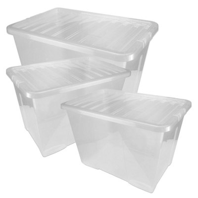10 x Heavy Duty Multipurpose 80 Litre Home Office Clear Plastic Storage Containers With Lids