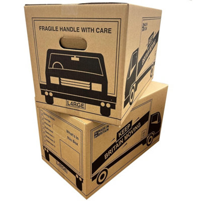 10 x Printed Storage Carboard Boxes 52cm x 30cm x 30cm 47 Litres Carry Handles and Room List