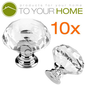 10 x Small Crystal Door Knobs Diamond Glass Clear Cabinet Drawer Wardrobe Handle