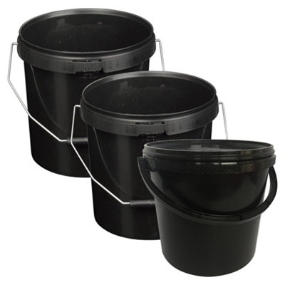 10 x Strong Heavy Duty 25L Black Multi-Purpose Plastic Storage Buckets With Lid & Handle