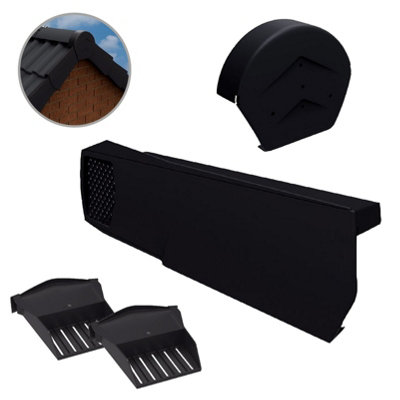 10 x Universal Black Dry Verge Units, Round Ridge Cap & 2 x Starter ...