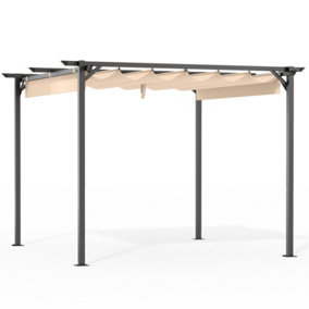 10 x10 FT Pergola with Retractable Sun Shade Canopy Outdoor Metal Shelter Gazebo-Beige
