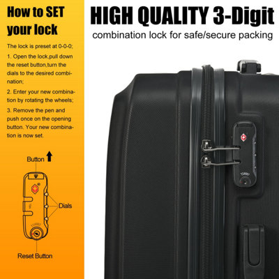 100% ABS Luggage Set, Lightweight and Durable, Secure TSA Lock, with internal storage pocket, 20, 24, 28 inch (Black)