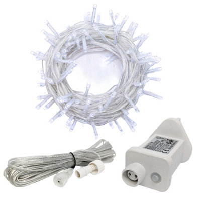 100 Bright White LED Clear Cable Connectable Indoor & Outdoor Garden Party Waterproof String Lights (10m) Low Voltage Plug